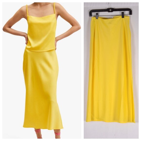 Mango Satin Midi Slip Skirt Bright Yellow - Picture 2 of 4